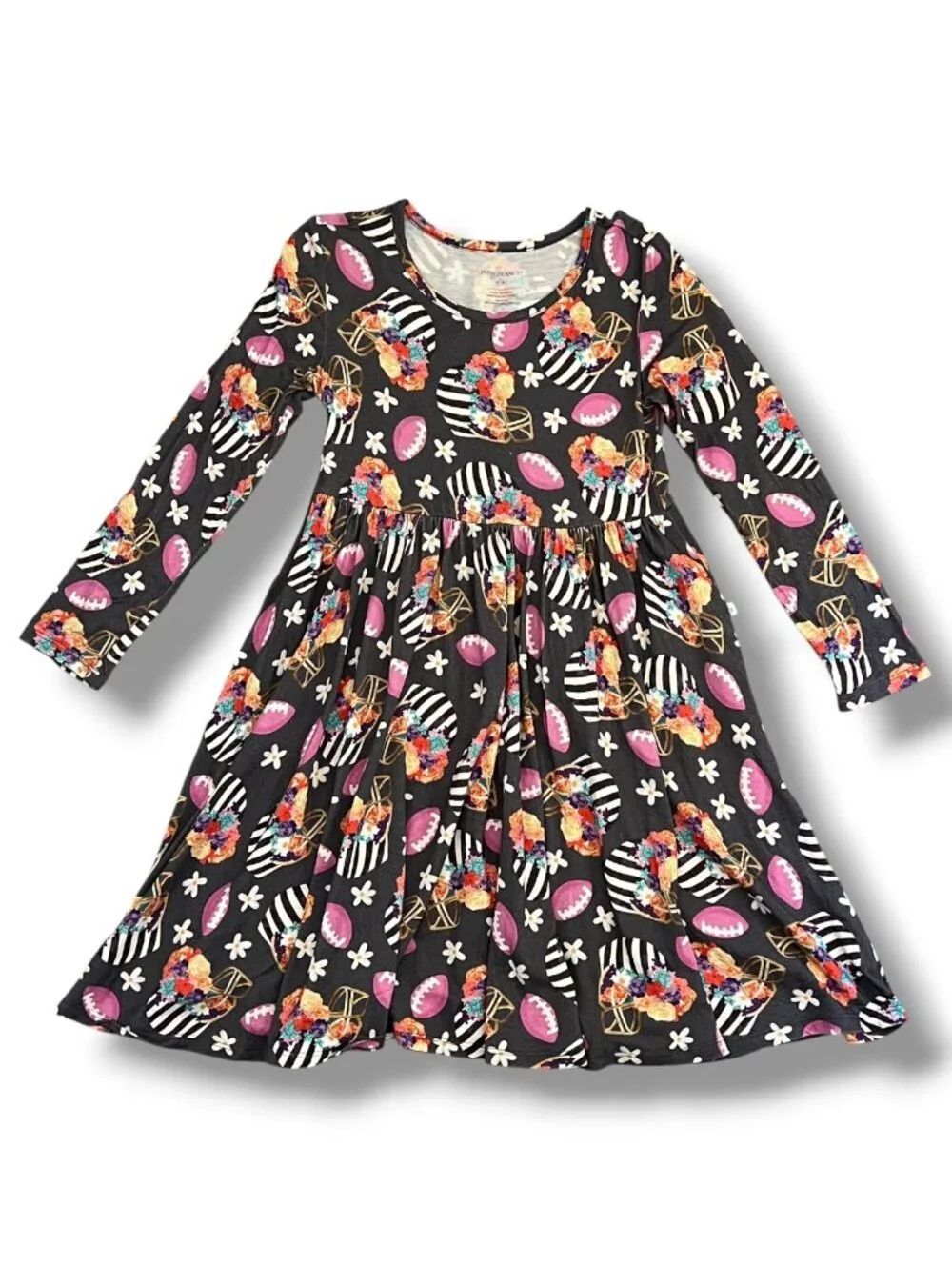 Posh Peanut Long Sleeve Girls Twirl Dress with Pink Football Floral Helmet 7-8Y